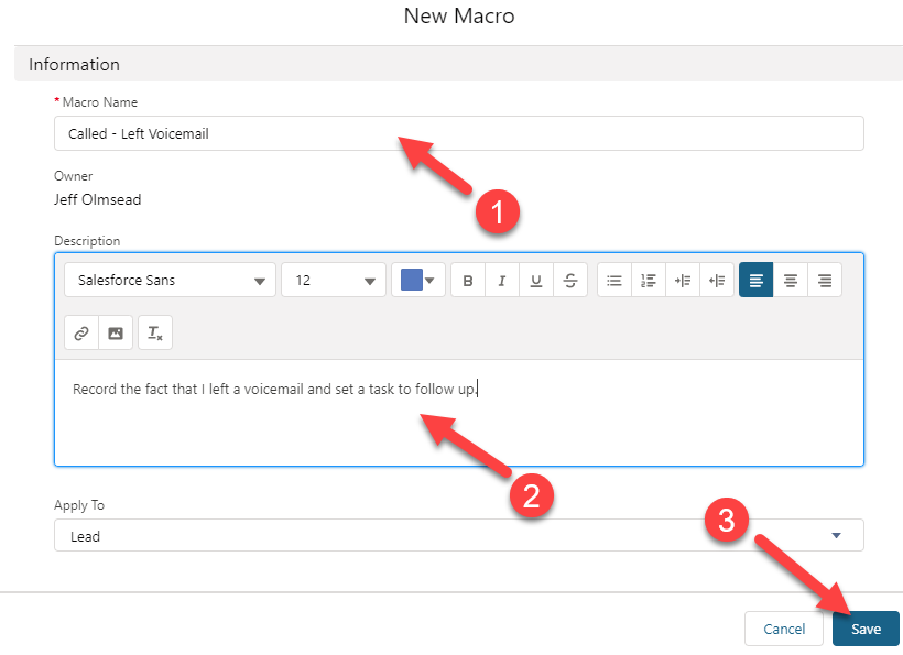 Create a macro in salesforce step 2